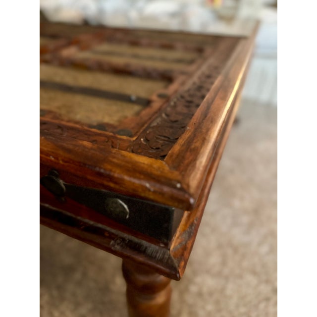 Late 19th Century 19th Century Reclaimed Indian Door Coffee Table | Hand-Carved Sheesham & Embossed Brass For Sale - Image 5 of 10