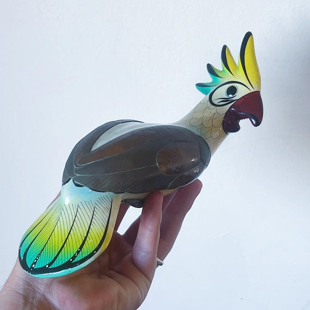Mid-Century Hand Painted Tonala Mexico Cockatoo With Brass Wings Stunning shades of yellow, blue, turqoise and delicate...