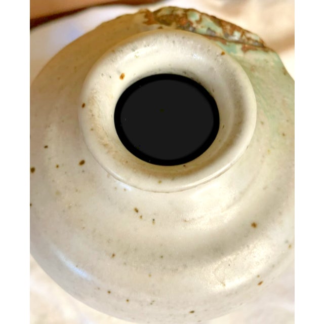 20th C. MCM Brutalist Pale Green Floral Ceramic Studio Vase, Signed For Sale - Image 4 of 6