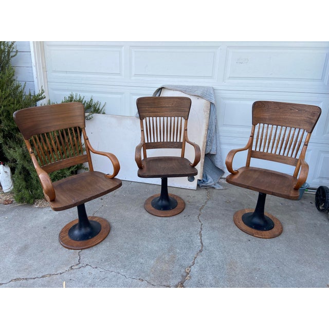 1900 - 1909 Antique Oak Courtroom Juror Chairs Set of 3 Cast Iron Base Early 1900s For Sale - Image 5 of 18