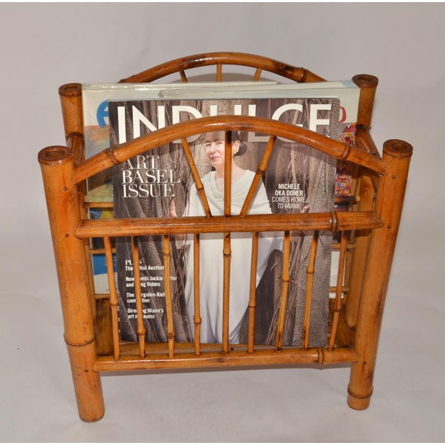 Chinoiserie 1950s Chinoiserie Bamboo Hand-Crafted Magazine Rack Newspaper Stand For Sale - Image 3 of 17