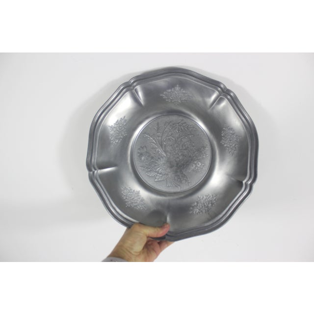 Metal European Vintage Pewter Plate or Dish With Flowers Floral Drinks Tray Tre Effe Zinn Germany For Sale - Image 7 of 8