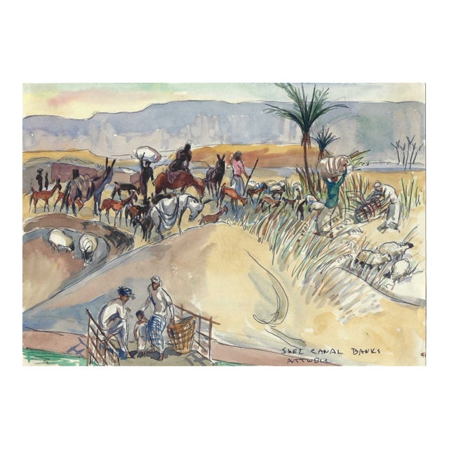 1950s Ivy Attwell Suez Canal Egyptian Watercolor For Sale