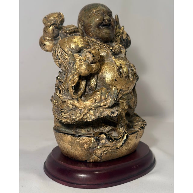 Late 20th Century Chinoiserie Gilded "Faux Bronze" Laughing Buddha Statue on Wooden Base For Sale In Mobile - Image 6 of 11