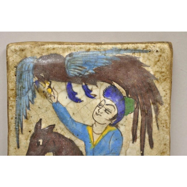 Persian Antique Persian Iznik Qajar Style Ceramic Pottery Tile Brown Phoenix Bird C4 For Sale - Image 3 of 11