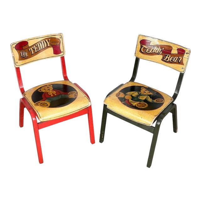 Vintage Hand Painted Child’s Chairs W Teddy Bears For Sale