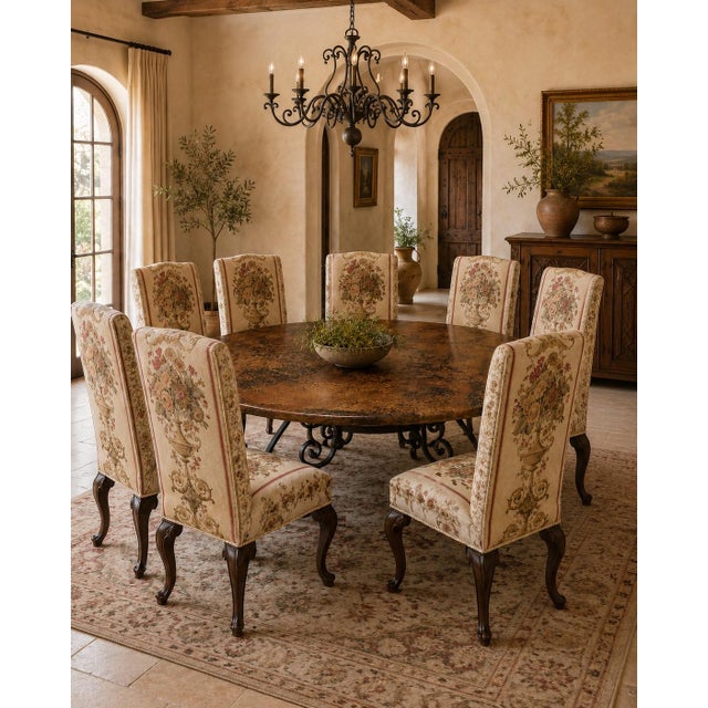 Wood Set of 8 Traditional Carved Mahogany-Finish Dining Chairs With Floral Tapestry Upholstery For Sale - Image 7 of 8