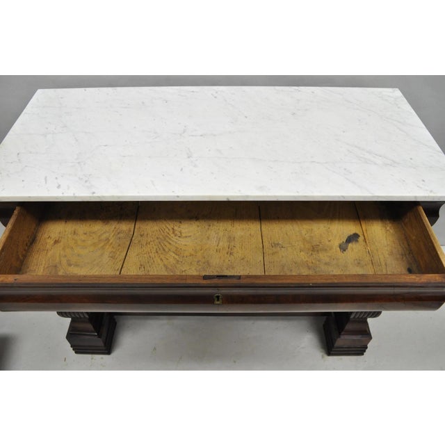 Wood Antique French Empire Mahogany White Marble Top Console Hall Table W/ Drawer For Sale - Image 7 of 18