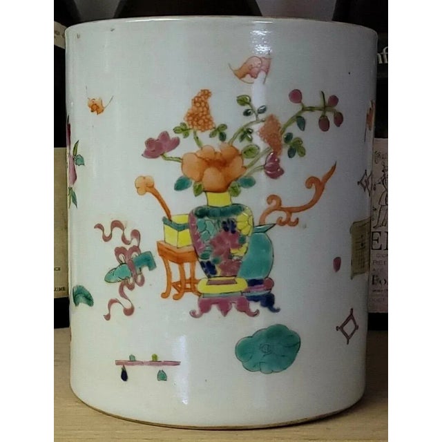 Ceramic Antique 19th Century Chinese Famille Rose Porcelain Brush Pot Decorated With Flowers and Altar Fruit For Sale - Image 7 of 13