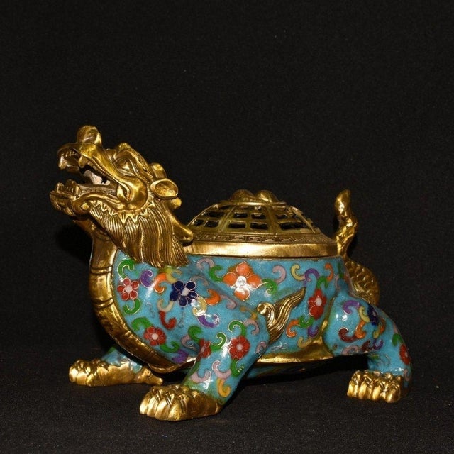 Late 20th Century Vintage Cloisonné Enamel Gilt Bronze Dragon Turtle Censer Incense Burner With Bagua Lid For Sale - Image 5 of 9