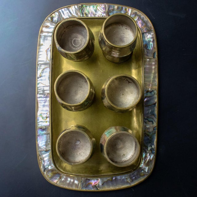 Mid-20th Century MCM 6 Cordial Stemmed Shots and Tray Set Abalone and Brass From Taxco Mexico For Sale - Image 9 of 18