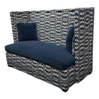 Bernhardt Interiors Marcourt Custom Navy Ikat Fabric Banquette For Sale