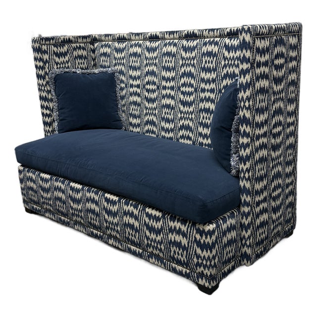 Bernhardt Interiors Marcourt Custom Navy Ikat Fabric Banquette For Sale