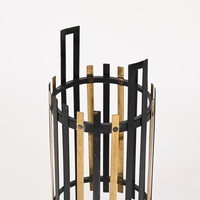 Metal Italian Sculptural Brass and Black Iron Umbrella Stand by Gio Ponti, Italy, 1950s For Sale - Image 7 of 9