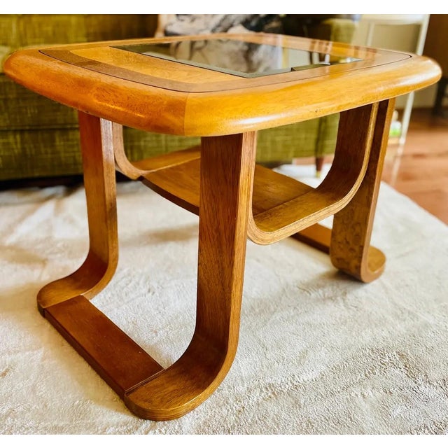 Mersman 70's MCM Mersman Oak Smoked Glass End Table For Sale - Image 4 of 14