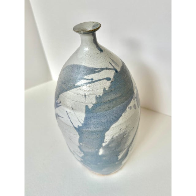 Contemporary Mid 20th Century Tall Studio Pottery Vase With Painterly Blue Glaze For Sale - Image 3 of 6