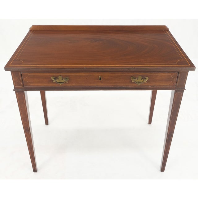 c.1880s Fine One Drawer Inlayed Solid Crotch Mahogany Top Console Table Server Petite Desk Sideboard w/ Backsplash MINT!