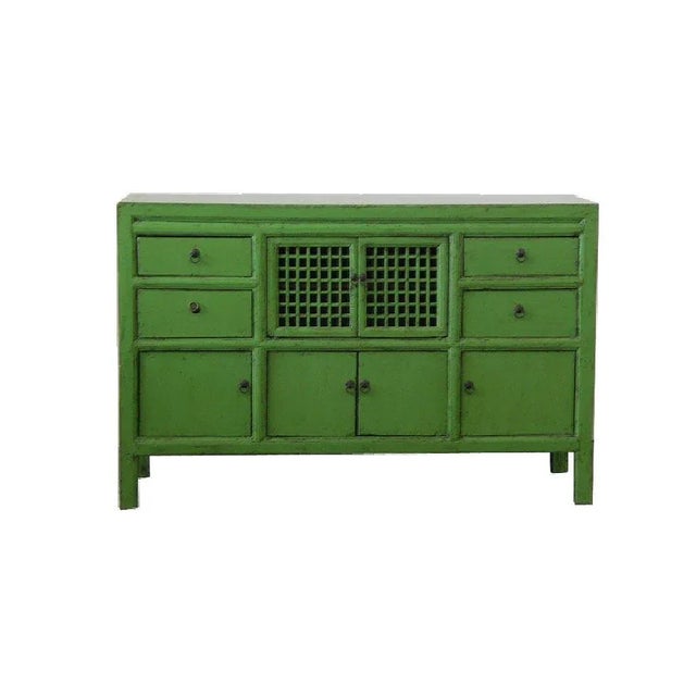 Up for sale is an antique Chinese northern country-style green lacquered sideboard, slightly taller than ordinary...