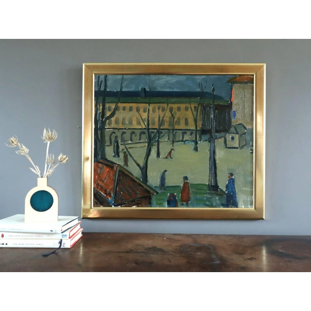 Mid-Century Modern Mid-Century Modern 'Passing Moments' Vintage Original Expressive Street Scene Landscape Oil Painting, Framed For Sale - Image 3 of 12