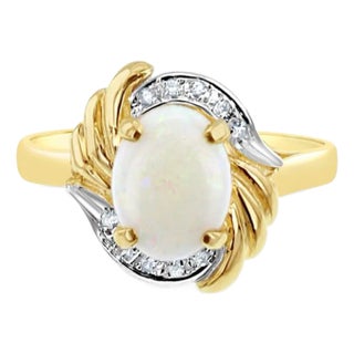 Oval Opal Ring with Diamond Accents 14k Yellow Gold, Size 4 For Sale