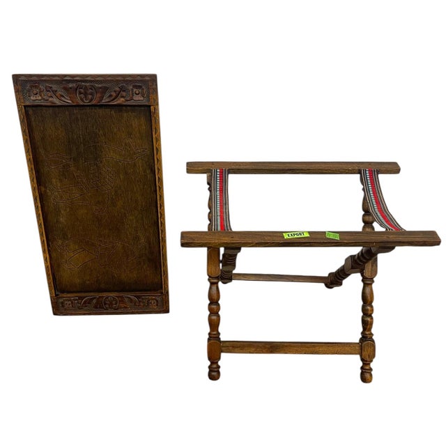 Hand-Carved Wooden Tray With Folding Stand - Carved Llama and Figure Motif, Turned Legs For Sale - Image 4 of 9