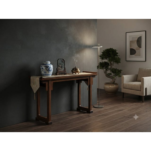 Oriental Point Edge Altar Natural Wood Grain Everted Flanges Console Table For Sale - Image 4 of 13