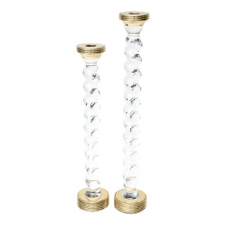 Vintage Rare Twisted Lucite and Brass Stepped Tall Candlesticks Pair Of, 1970's For Sale
