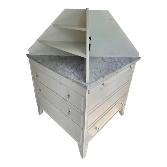 White Display Cabinet With Gray and White Marble Top and Tiered Shelves For Sale