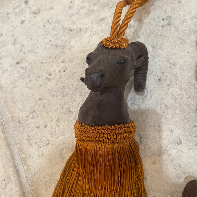 Rustic European 1970s Pair Ram Head Leather Wrapped Curtain Tieback Tassels For Sale - Image 3 of 11