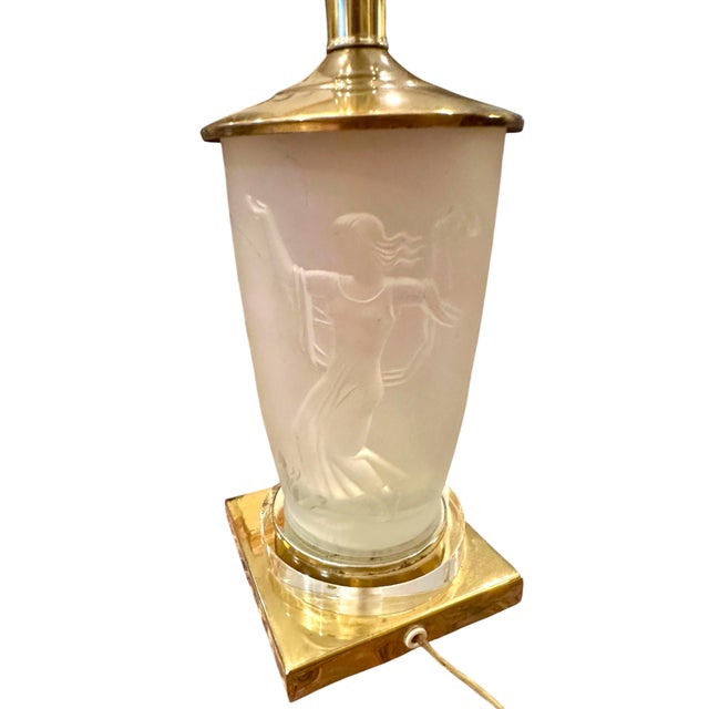 An American Art Deco Frosted Glass and Brass "Four Seasons" Table Lamp. The glass body designed by Carl Schmitz (1900-...