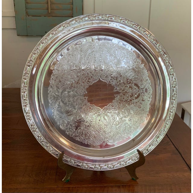 Mid 20th Century Vintage Oneida Silverplate 12.5” Round Serving Tray. Vintage Barware, Bar Cart, Cottage Core & Palm Beach Regency - See Pics! For Sale - Image 5 of 8
