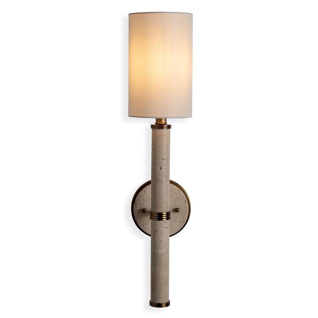 Mid century, yet classic styled narrow column sconce featuring natural unfinished marble turnings joined with aged brass...