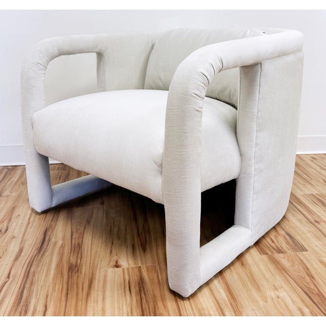Milo Baughman for Thayer Coggin Newly Upholstered Ivory Channeled Velvet Rounded Back Parsons Chair For Sale - Image 4 of 11