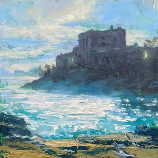 Southern France by Christopher Clark | Oil on Artefex ACM panel of a coastal landscape with a building For Sale