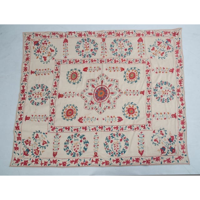 This bedcover is made with vintage Suzani textiles and has just the right pop of color. We see it folded at the end of a...