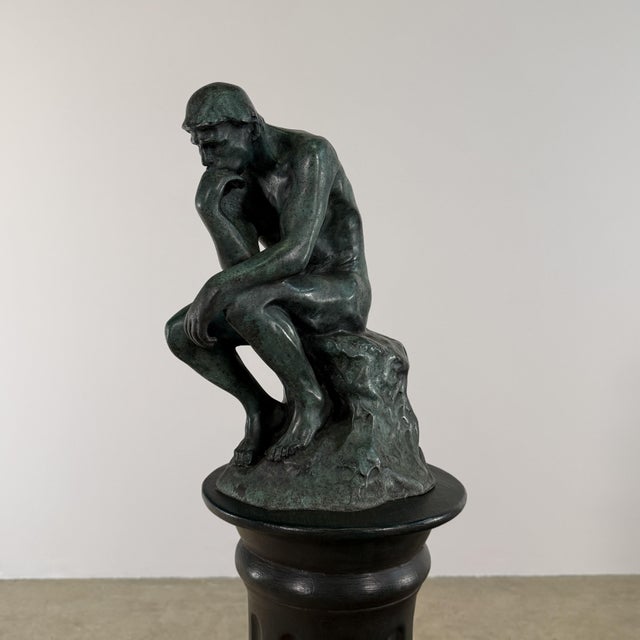 After Rodin “The Thinker” Bronze Sculpture, Signed, Green Patina – 14” For Sale - Image 4 of 12