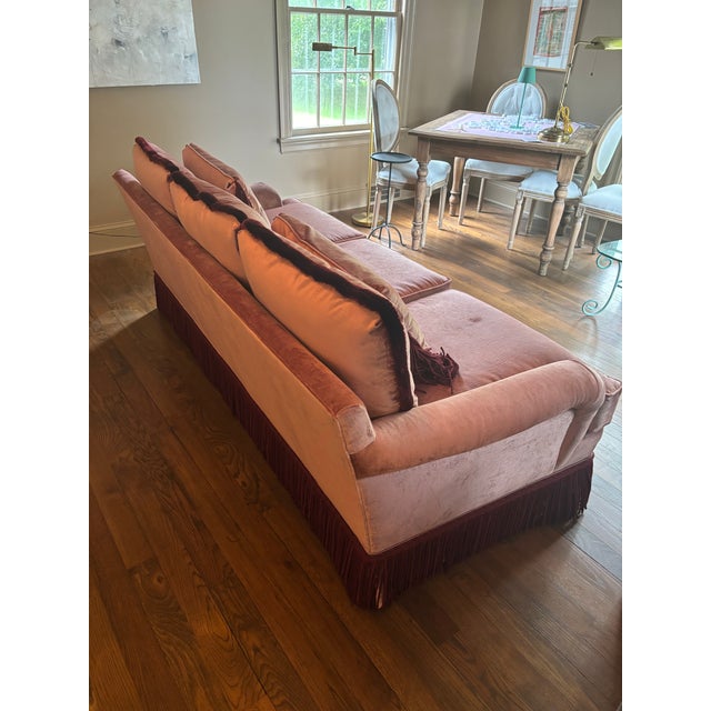 2020s Dusty Rose Velvet Sofa With Samuel & Sons Burgundy Brush & Bullion Fringe Trim For Sale - Image 5 of 10