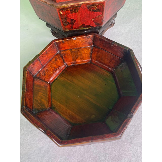 Antique Chinese Wedding Basket Octagonal Red Lacquer Wood Hand Painted Food Carrier For Sale - Image 4 of 12