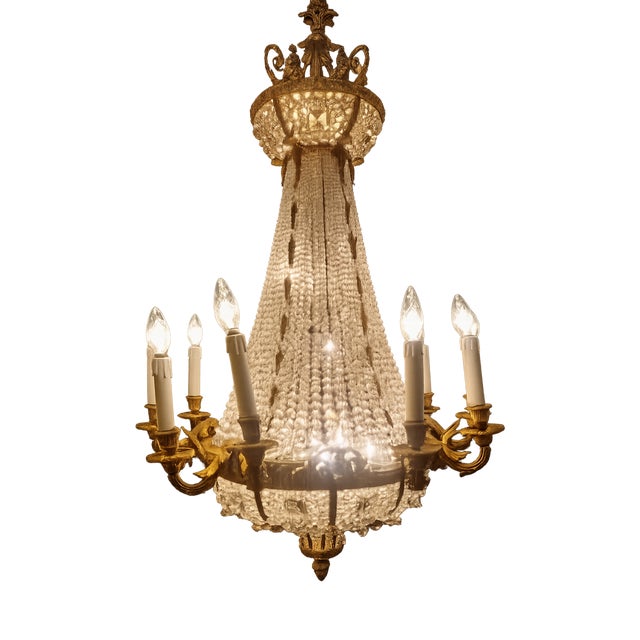 French Belle Époque Beaded Chandelier in Gilt Bronze and Crystal, 1890 For Sale