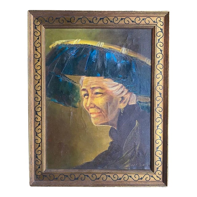 1950 Vintage Chinese Oil Painting on Board Portrait of a Woman in a Hat, Signed Tom Wong For Sale