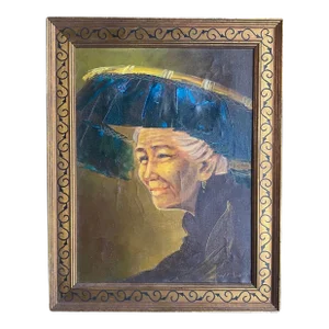 1950 Vintage Chinese Oil Painting on Board Portrait of a Woman in a Hat, Signed Tom Wong