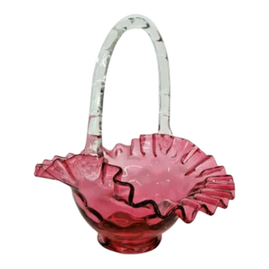 Fenton Optic Dot Style Cranberry Glass Pink Brides Basket Vase