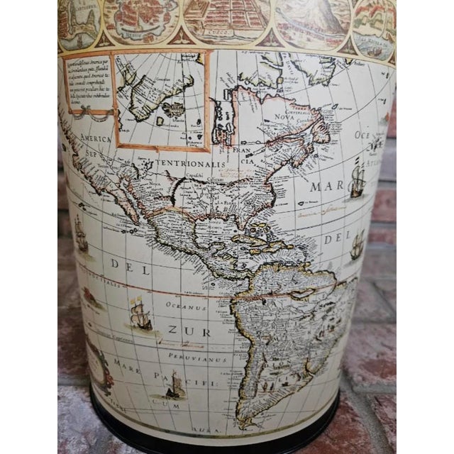 Hollywood Regency Vintage Map of the Americas North and South America Black Metal Wastebasket Bin For Sale - Image 3 of 8
