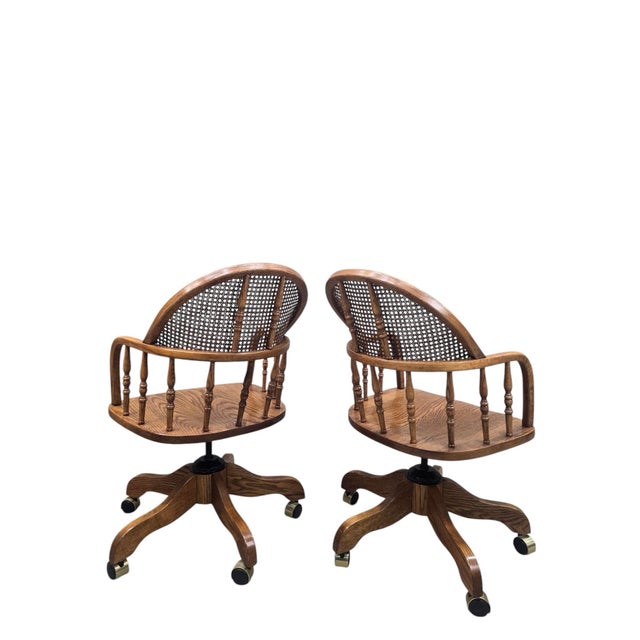 Late 20th Century Vintage Cane Back Swivel Captain’s Desk Chairs by Min-Lee – Pair For Sale - Image 5 of 12
