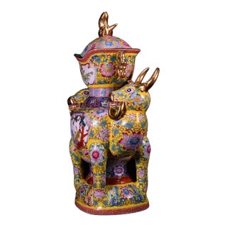 Chinese Yellow Ground Famille Rose Porcelain Zun Vase With Bull Handles For Sale