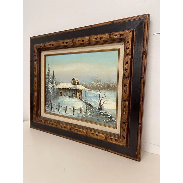 Cabin Vintage Signed Painting of Winter Landscape with Cabin, Framed For Sale - Image 3 of 8