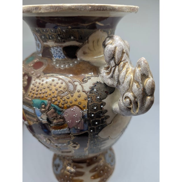 Vintage Hand‑Painted Oriental Ceramic Vase With Foo Dog Handles For Sale In Dallas - Image 6 of 11
