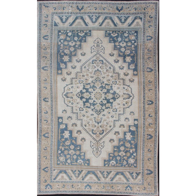 Vintage Turkish Oushak Rug With Geometric Design in Blue, Taupe and Sand For Sale - Image 13 of 13