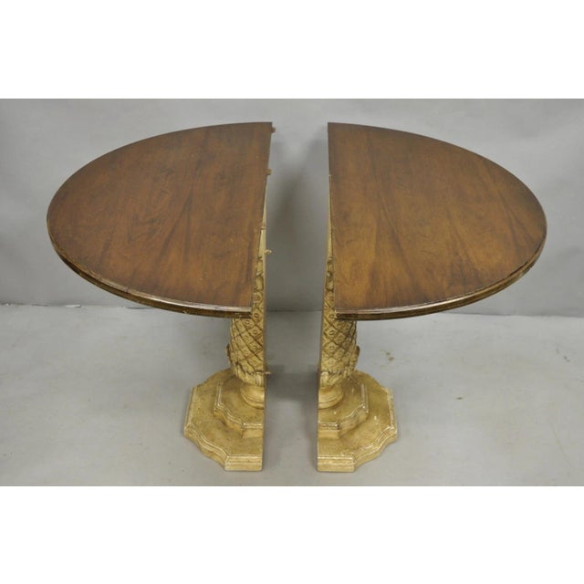Hollywood Regency Carved Wood Pineapple Demilune Console Hall Tables - A Pair For Sale - Image 12 of 18