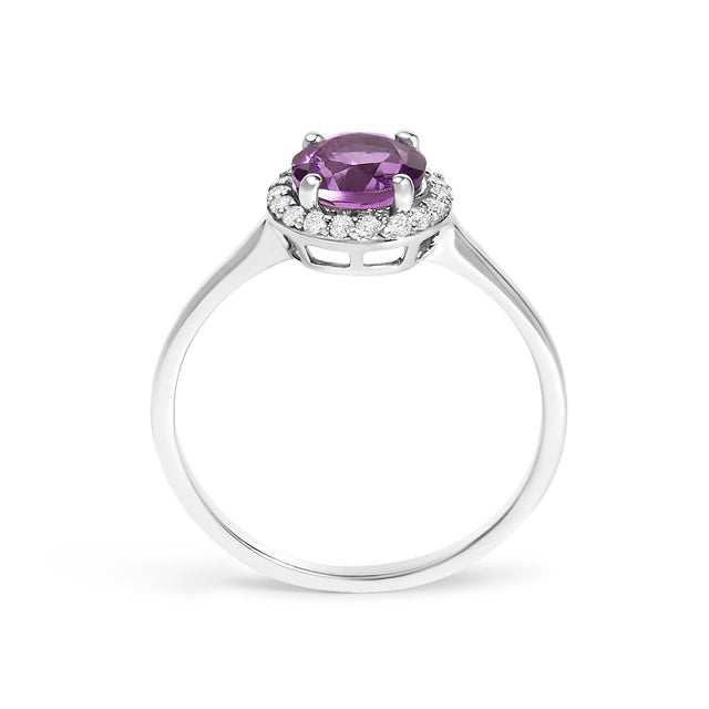 Early 21st Century 10K White Gold Purple Amethyst and 1/10 Cttw Diamond Halo Ring For Sale - Image 5 of 7